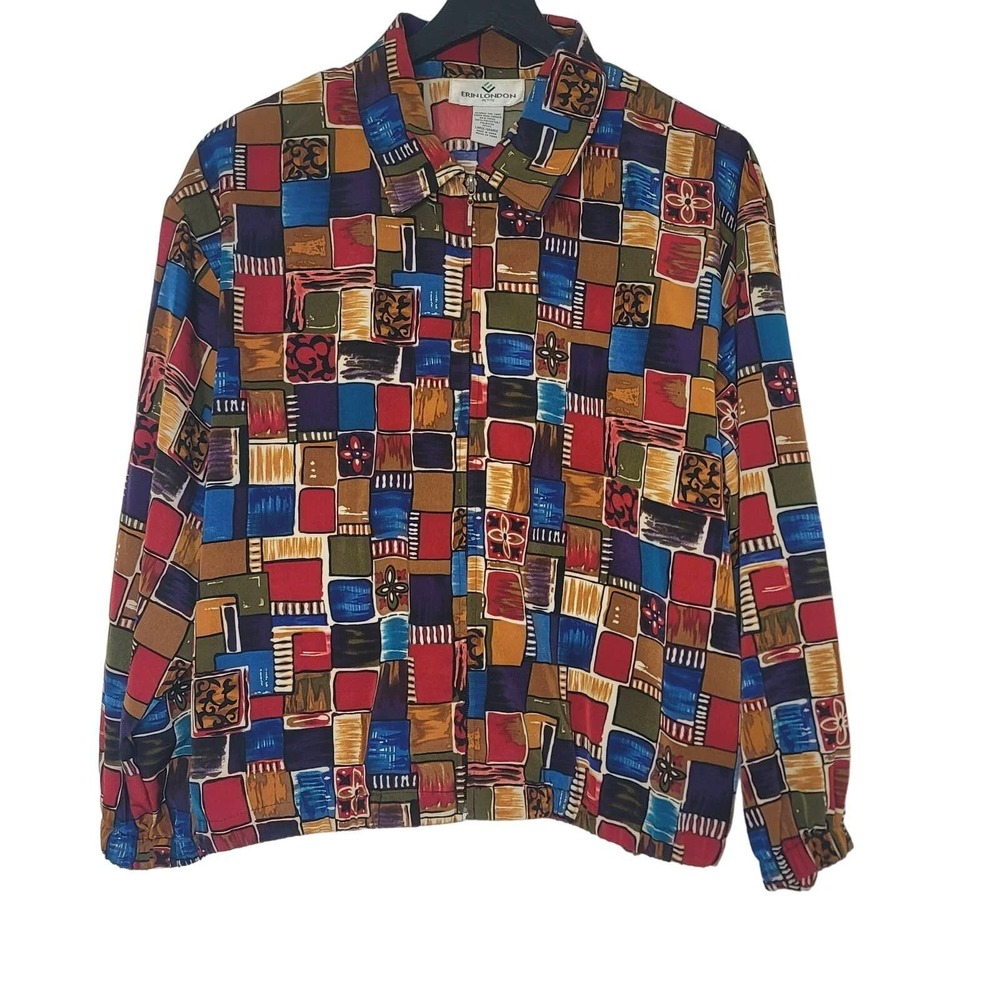 Erin London Petite Large Jacket Multicolor Geometric Patchwork Zip Up 90s Style